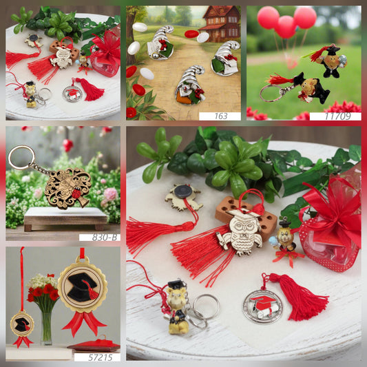 gufo laurea bomboniera legno eco green magnete calamita confezione confetti portachiavi leoncino dotto laureato ciondolo simboli tocco pergamena scritta tappo simil ceralacca cornucopia