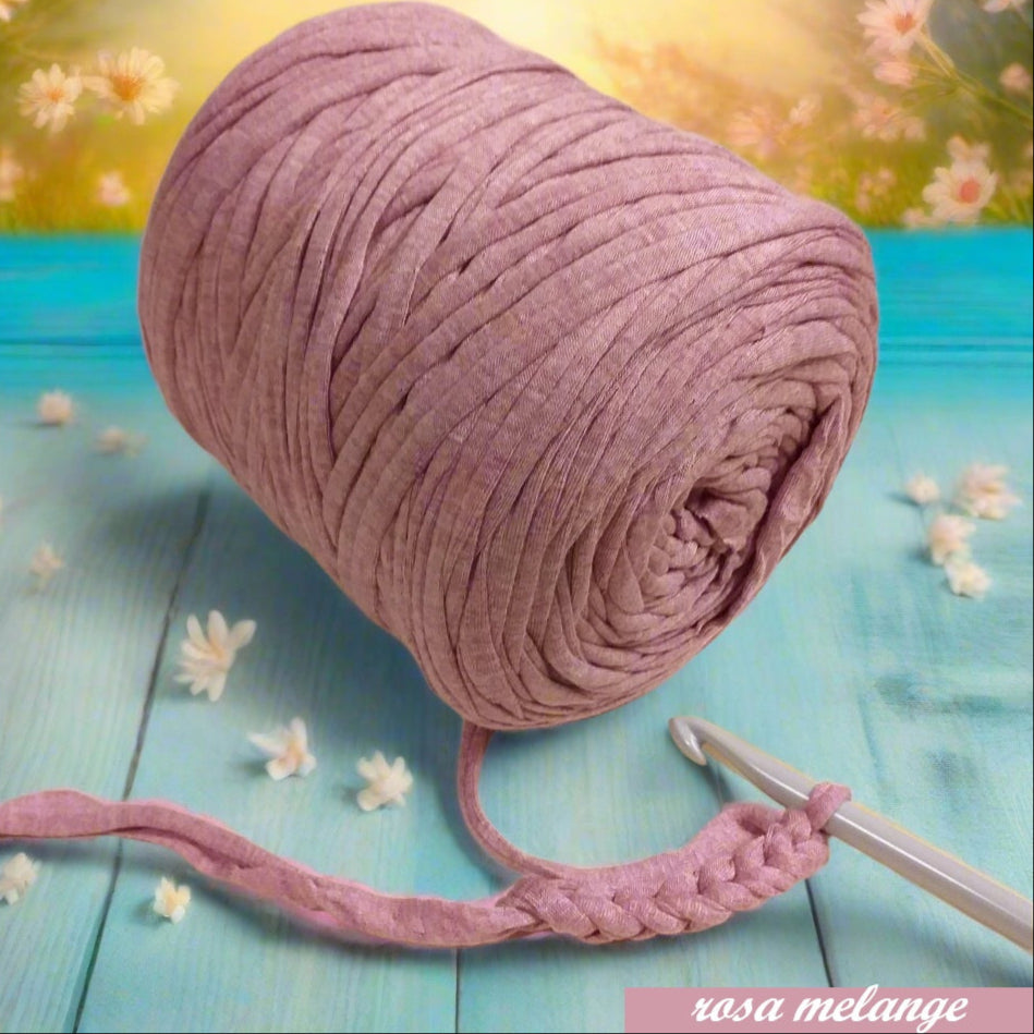 rosa melange stafil t-shirt garn stretch yarn fettuccia elasticizzata maglina cotone noodles per uncinetto borse crochet bags clutch cestini tappeti cuscini collane braccialetti ceste porta enfant scaldacollo