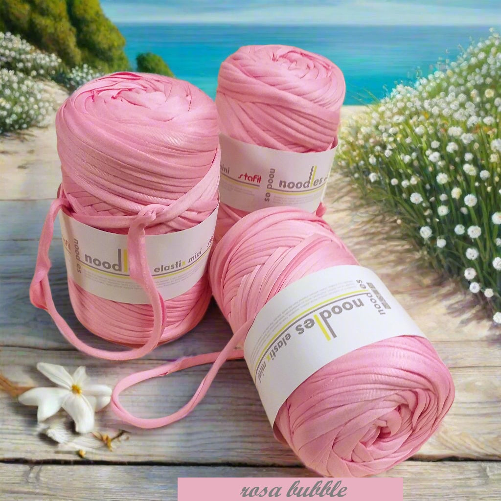 rosa bubble fettuccia cotone elastico stafil Noodles per borse uncinetto  pochette clutch bags abbigliamento moda sportina borsina cestini bimbi pelosetti cucce culle