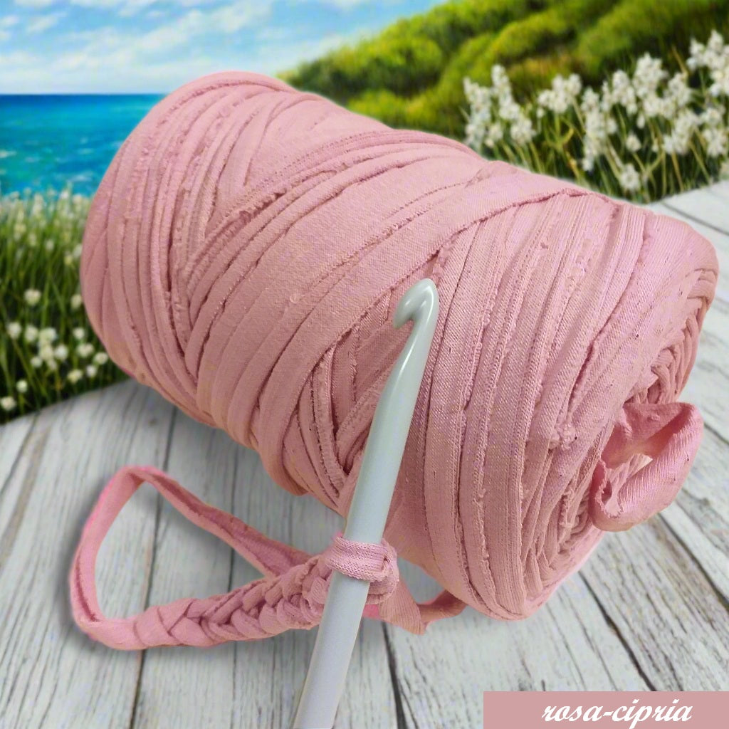 rosa cipria fettuccia elastica cotone per uncinetto stretch gomitoli uso cestini fiori handmade crochet cucito creativo t-shirt yarn zainetto borse clutch bags primavera estate abbigliamento moda mare sacca spiaggia piscina pochette