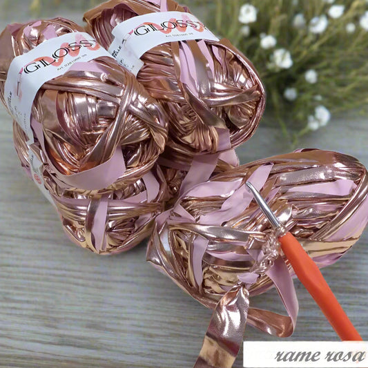 rame rosa lycra metal laminata metallizzata vernice similpelle lamè fettuccia borse uncinetto glossy cucirini tre stelle crochet clutch bags pochette da cerimonia sera regali natale cestini per handmade ferri maglia gomitolo 100 grammi 
