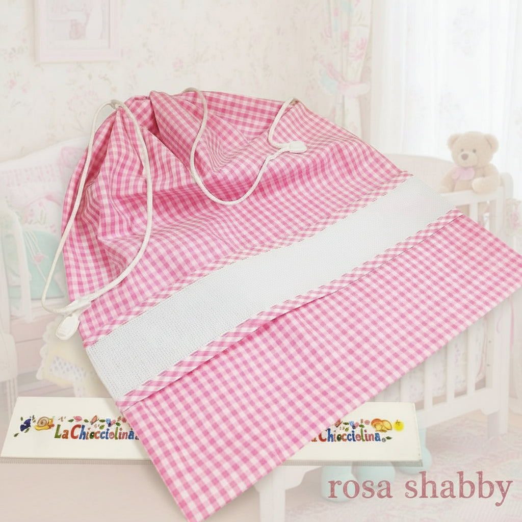 scozzese rosa per bimba femminuccia sacchetto di stoffa tessuto con tela aida da ricamare a punto croce, idea per ricamo baby per sacca da asilo