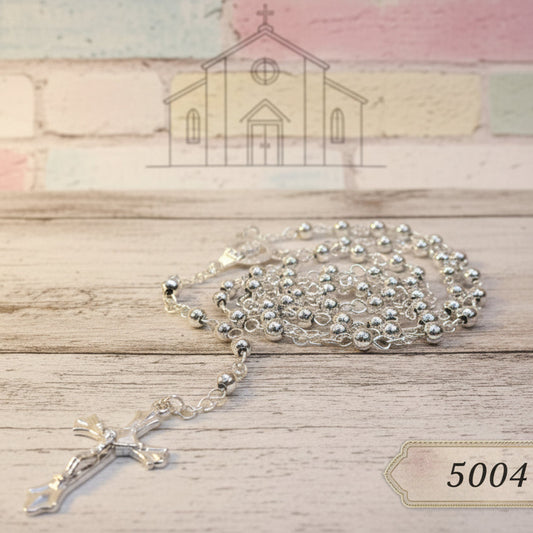collana rosario perle metalliche con Crocifisso e madonnina uso ricordino souvenir religioso idea regalo e bomboniera comunione cresima