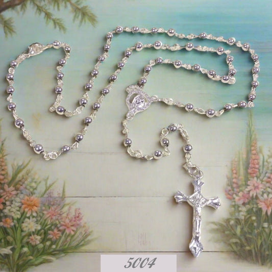 collana rosario perle metalliche con Crocifisso e madonnina uso ricordino souvenir religioso idea regalo e bomboniera comunione cresima