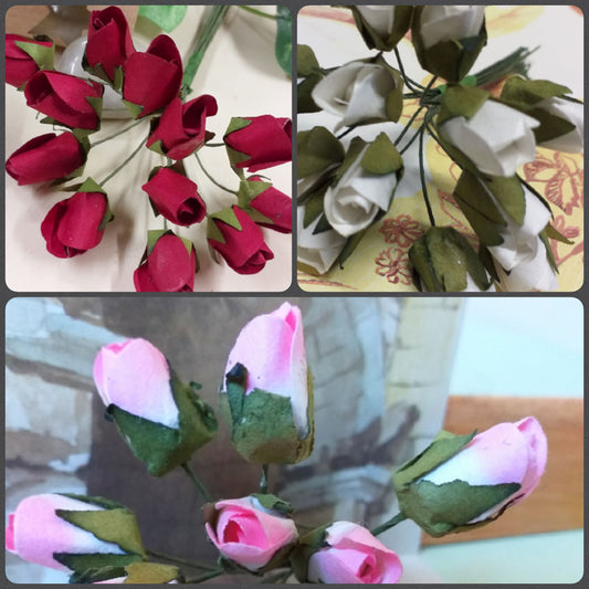 roselline rosse bianche rosa di carta applicazioni addobbi Natale packaging fiori bomboniere fai da te rose boccioli con stelo gambo di ferro per composizioni floreali pasquali uso hobbistica confezioni chiudipacco regali natalizi acconciature e segnaposto