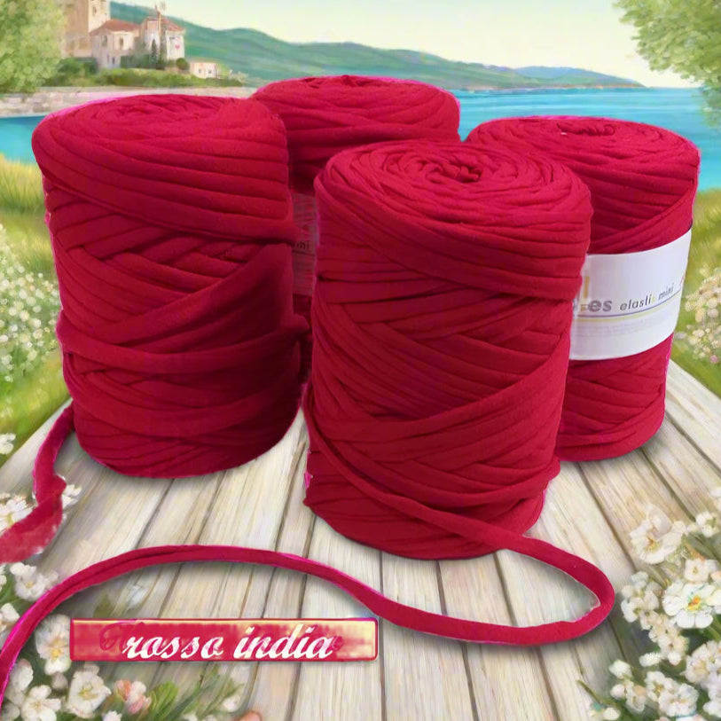 rosso india fettuccia cotone elastico stafil Noodles per borse uncinetto estive pochette clutch bags sacca mare abbigliamento moda sportina borsina cestini bimbi pelosetti cucce culle