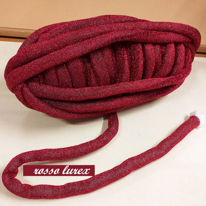 lurex rosso lamè brillantini glitterato fettuccia ripiena marshmallow filato borse gigante grosso spesso imbottito chunky bags tubolare intrecciare a mano senza uncinetto pochette