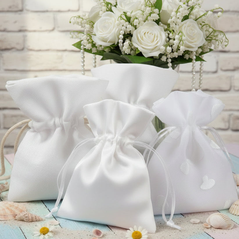 portaconfetti bianchi sacchetti stoffa organza raso tela con tirante per fai da te bomboniere confezionare confetti prima comunione cresima matrimonio anniversario nozze