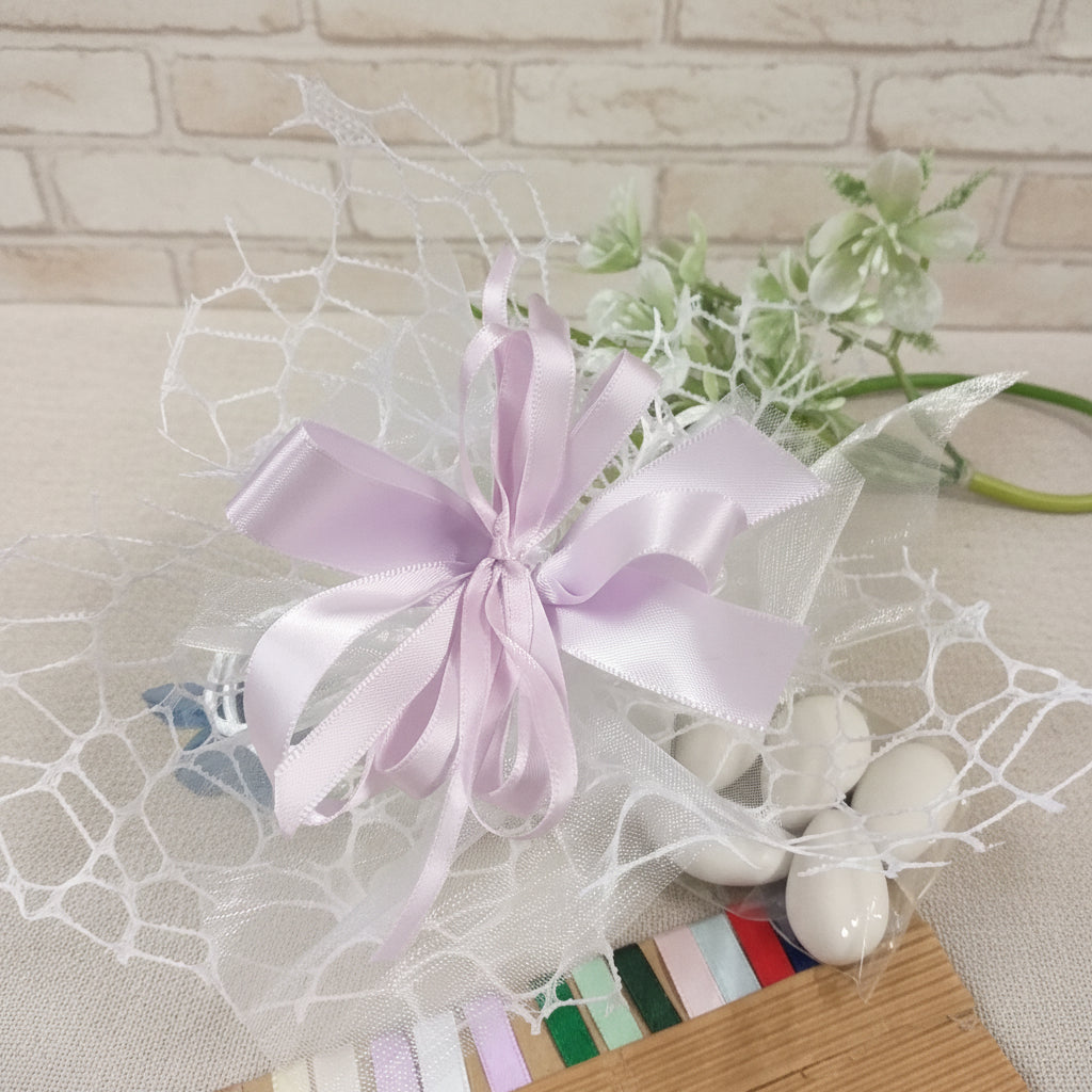 lilla lavanda pastello sacchetto confetti italiani maxtris a rete bianca confezionato coccarda fiocco bigliettino stampato scelta colori nastrini o kit fai da te