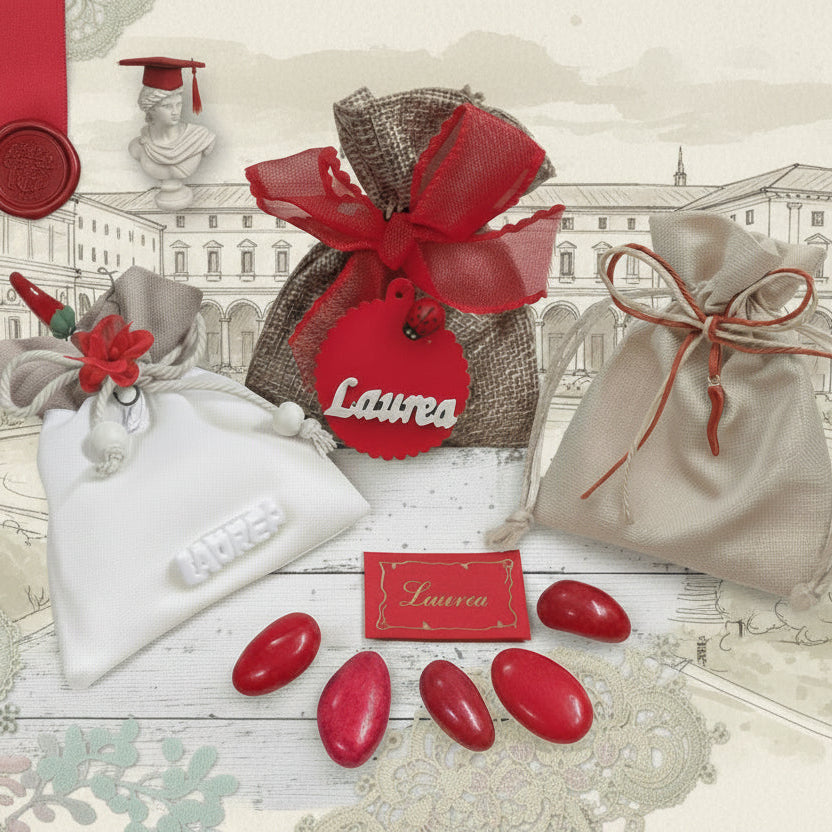 tema portafortuna bomboniere sacchettini juta bianca rustica grezza particolare originale per laurea fai da te e confezionato ciondolo legnetto applicazione tag legno scritta coccinella nastro coccarda confetti bigliettino o gessetto fiore peperoncino o ciondolo cornetto