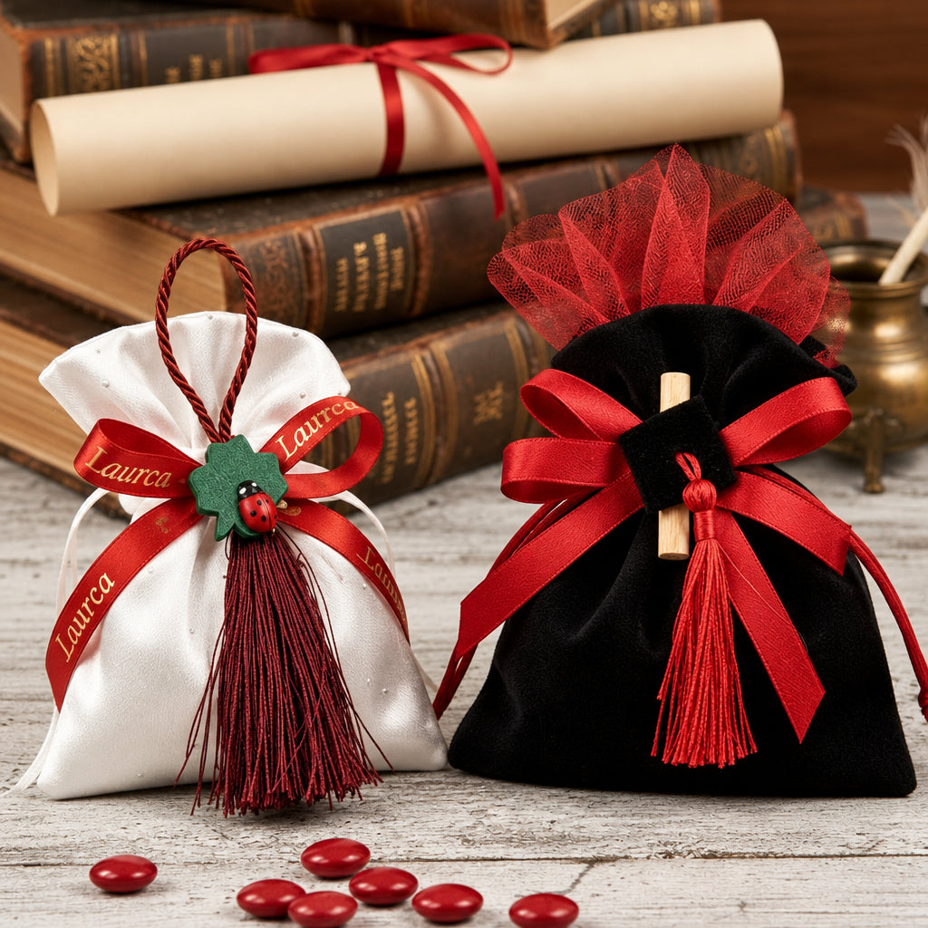sacchettini porta confetti bomboniere laurea, versione bianco nappina quadrifoglio coccinella o nero con tocco e pergamena, confezionati confetti