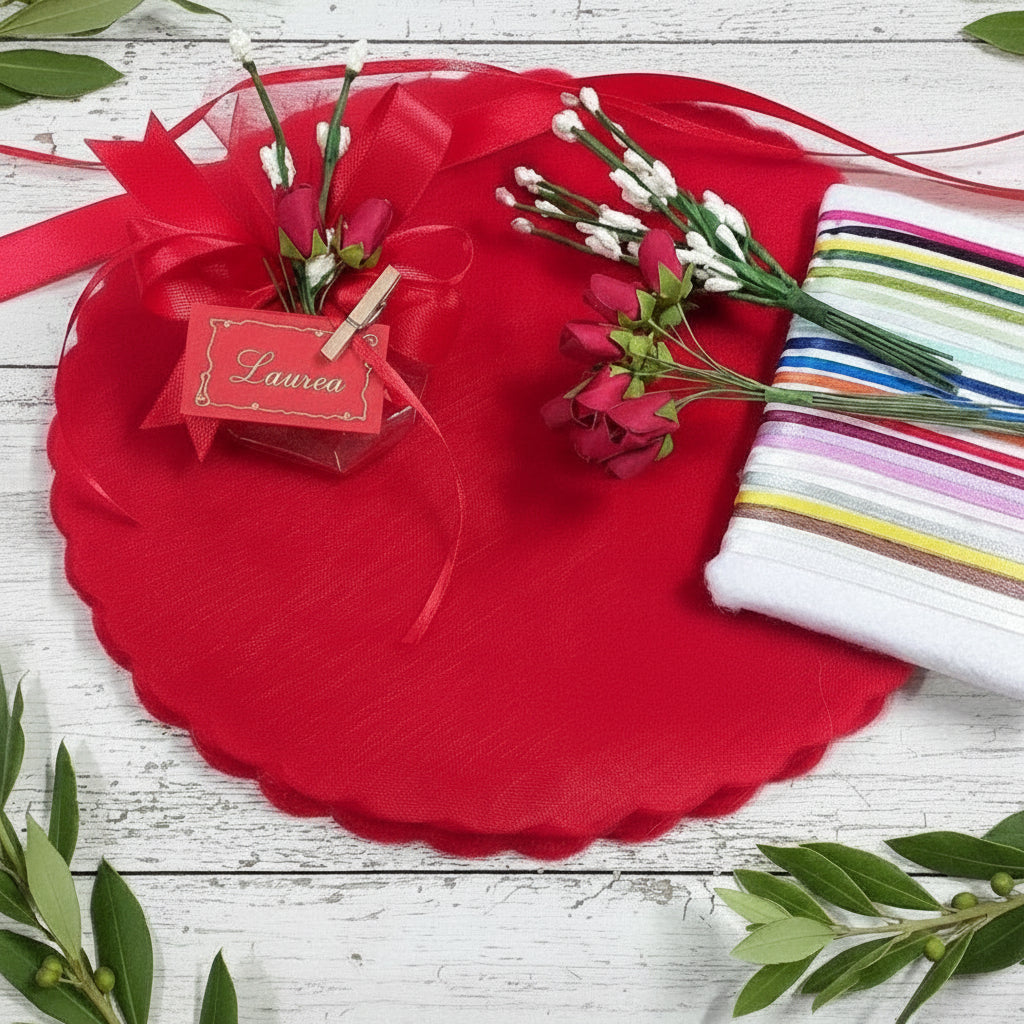 fiorellini rossi fiori bianchi roselline bigliettino offerta sacchetti laurea economici originali fai da te kit da confezionare con confetti