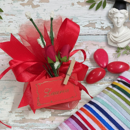 fiorellini rossi fiori bianchi roselline bigliettino offerta sacchetti laurea economici originali fai da te kit e confezionati confetti