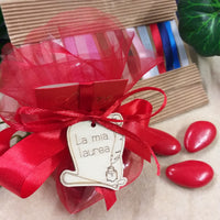Sacchettino tulle laurea fai da te kit e confezionato confetti rossi pergamena legno segnaposto Italian bomboniere scelta colori