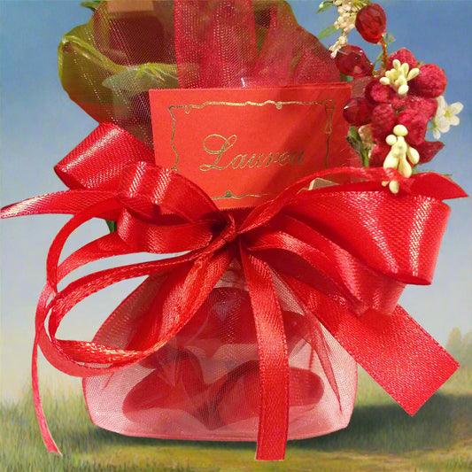 perline fiorellini rossi fiori secchi mollettina bigliettino sacchetto laurea economico originale confezionato confetti per bomboniera segnaposto confettata