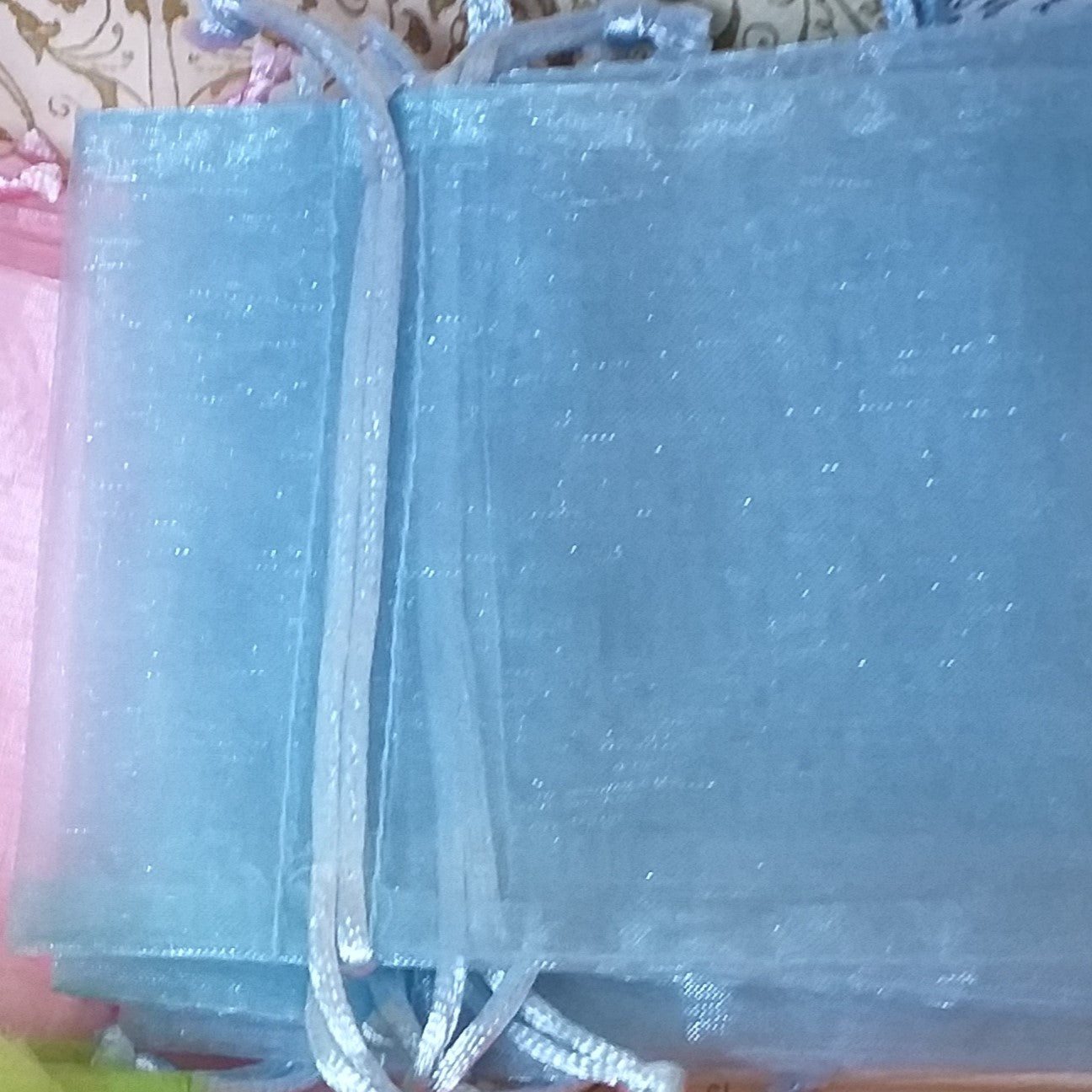 celeste azzurro grandi sacchettini organza 12 x 17 cm bustine tirante per confezionare bomboniere sacchetti regalo packaging bigiotteria gioielli bijoux collane