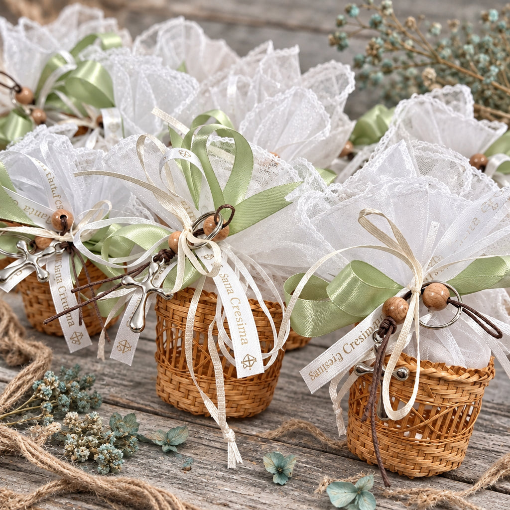 Portachiavi Croce Tau di resina perline legno cordino confezionato confetti sacchettino tulle nastro verde salvia e scritta Santa Cresima packaging cestino vimini bomboniera