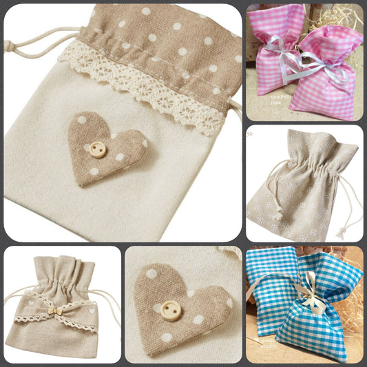 negozio sacchetti tessuto per bomboniere juta stampata cuoricini fiorellini fiocco bags fantasia quadretti vichy corda pizzo uso confezionamento packaging enogastronomia portaconfetti prima comunione cresima battesimo matrimonio