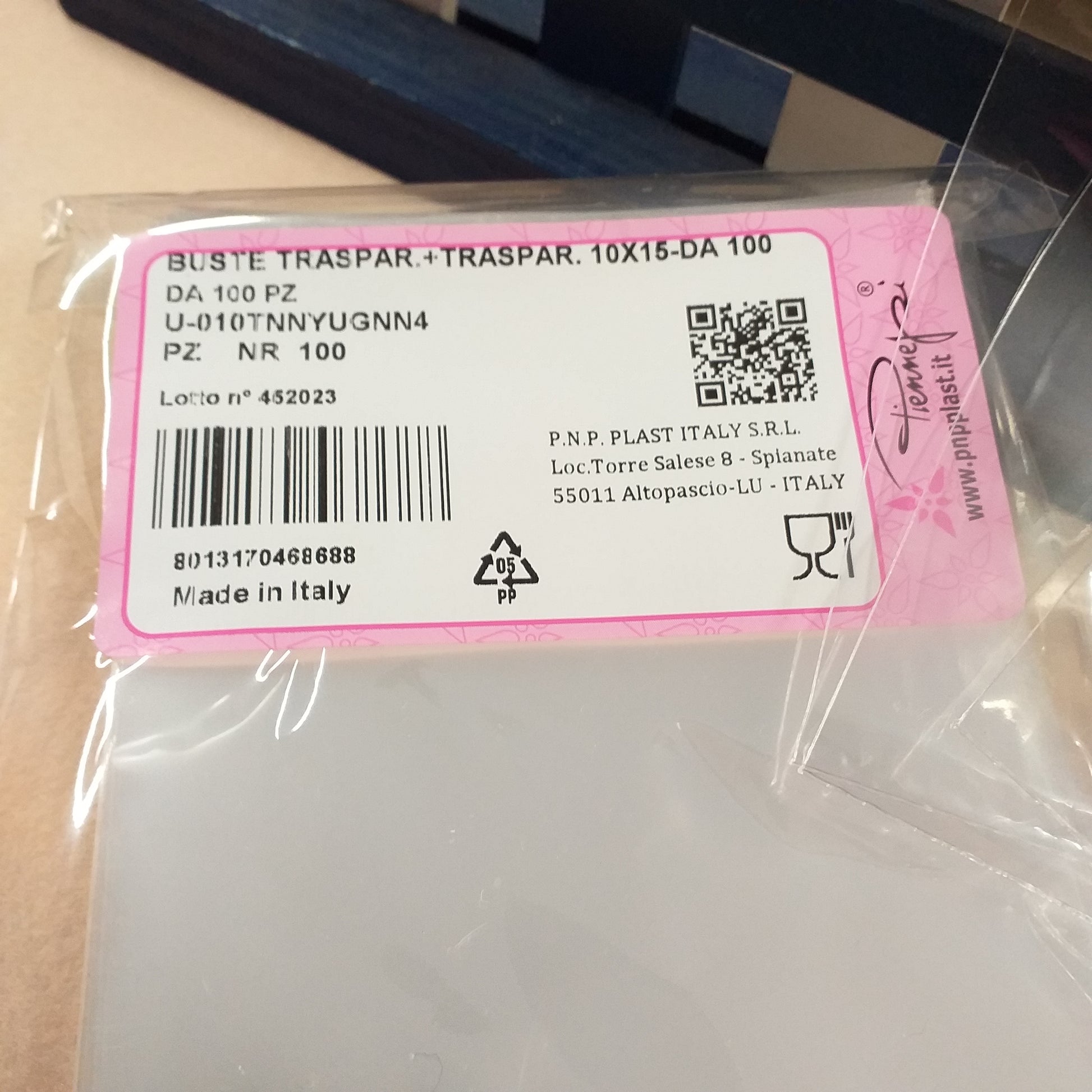 etichetta di sacchetti 10 x 15 cm 100 buste trasparenti cellophane plastica lato aperto produttore PNP plast idonei per alimenti uso confezionamento dolci caramelle confettata biscotti cioccolatini