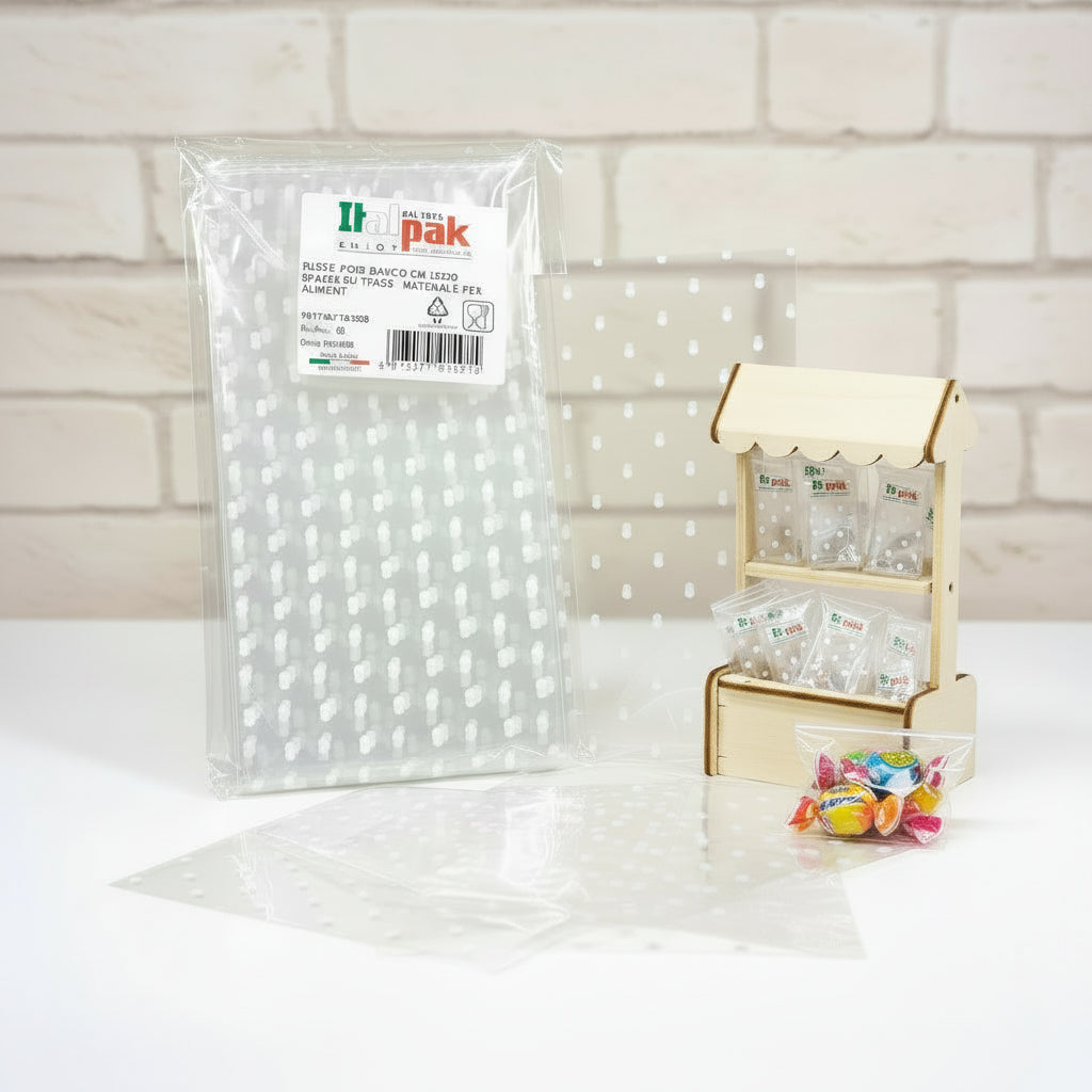 10 x 20 cm sacchetti trasparenti alimentari pois bianchi uso confezionare caramelle confetti biscotti dolcetti per confettata bancarella di mercatino artigianale