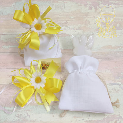 kit sacchettini bianchi bomboniere margherite fiori decorazioni fai da te confetti matrimonio Battesimo Prima Comunione Santa Cresima