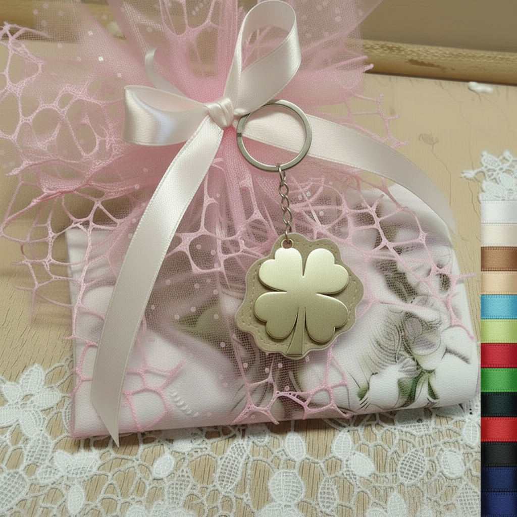 rosa e colori confezionamento con confetti di sacchetto bomboniere portachiavi ciondolo quadrifoglio portafortuna nascita Battesimo Comunione matrimonio laurea compleanno