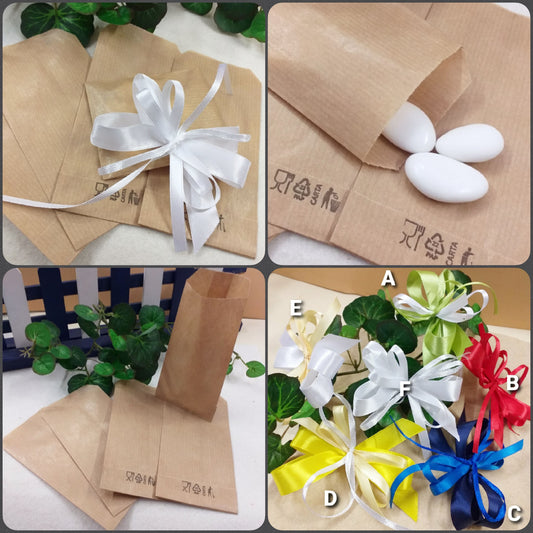colori fiocchetti per mini sacchetti alimentari di carta 7 x 13 colore kraft beige avana per confezionamento packaging portaconfetti confettata bomboniere matrimonio comunione battesimo cresima