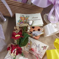 confettata colori confezionamento nastrini Prima comunione Santa Cresima Santo Giorno simboli Calice mitria Colomba bigliettino fiorellini mollettina clip legno