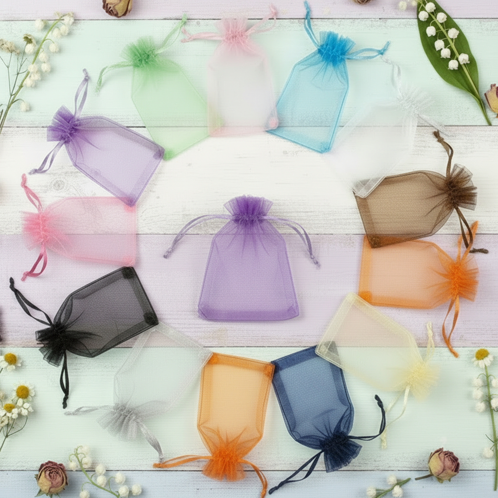 sacchettini organza colori da confezionare con confetti riso fiori secchi profumati lavanda cioccolatini caramelle profumatori biancheria, sacchetti colorati con tirante per fai da te bomboniere