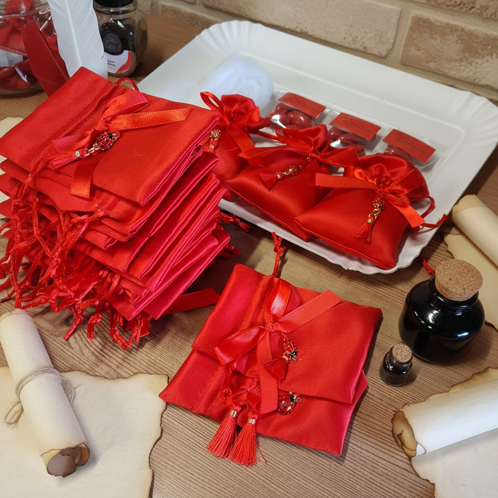 confezionamento sacchettini di raso fiocchetto coccinella con confetti rossi bigliettino imbottitura alimentare come bomboniere e segnaposto laurea