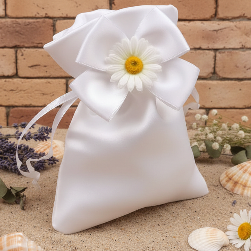 idea per fai da te sacchetto bianco comunione confezionare confetti nastro raso e margherita finta di stoffa, sacchettino di tessuto raso lucido