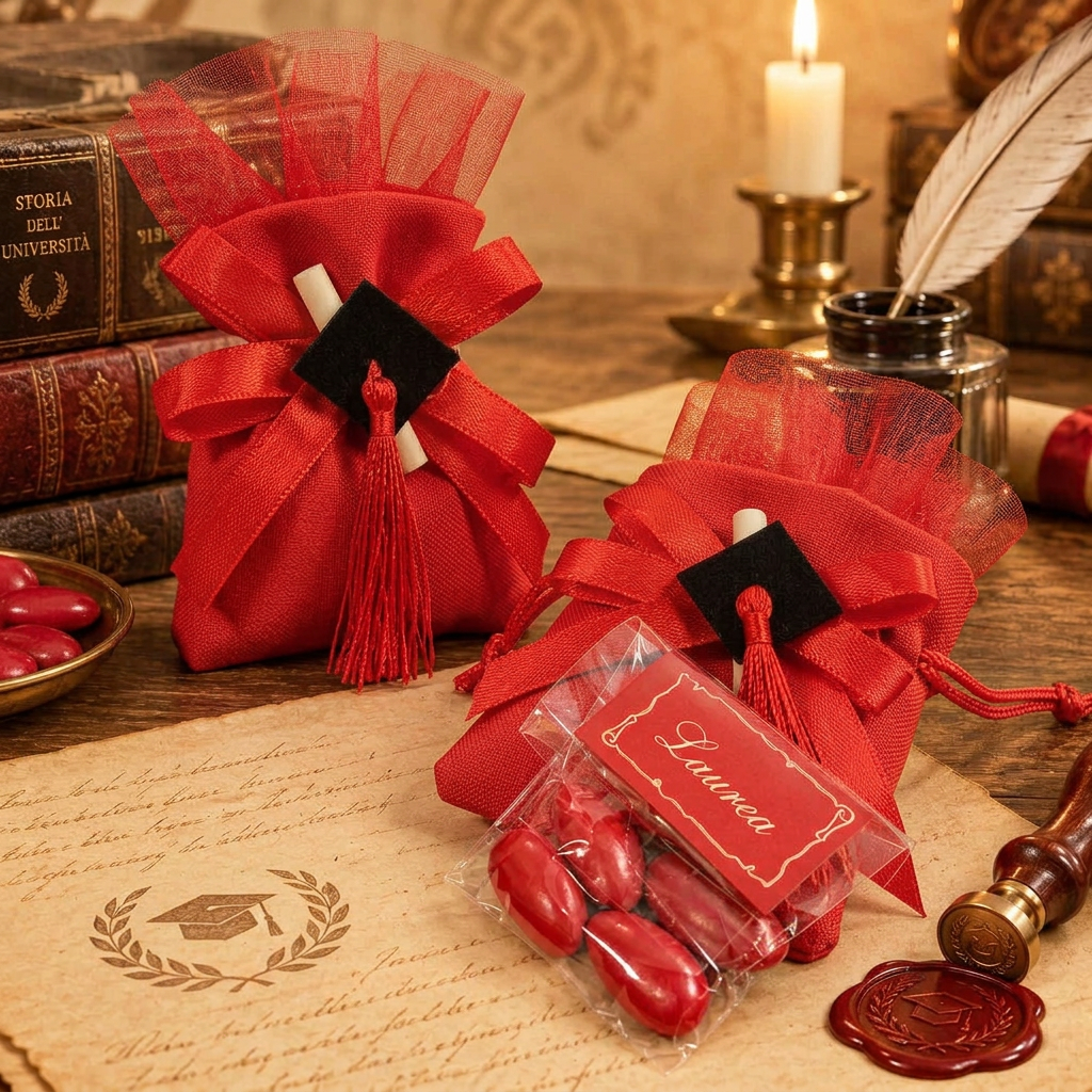 confezione 5 confetti rossi mandorla con bigliettino bomboniera laurea portaconfetti sacchetto rosso con fiocco nappina pergamena e mini tocco