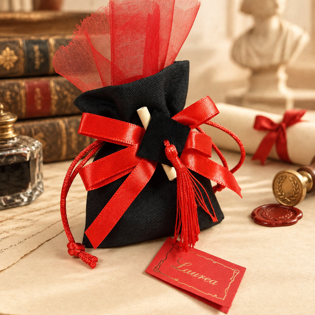 sacchetto nero portaconfetti di bomboniera laurea kit fai da te con bigliettino tulle rosso, applicazione coccarda miniatura di pergamena e tocco