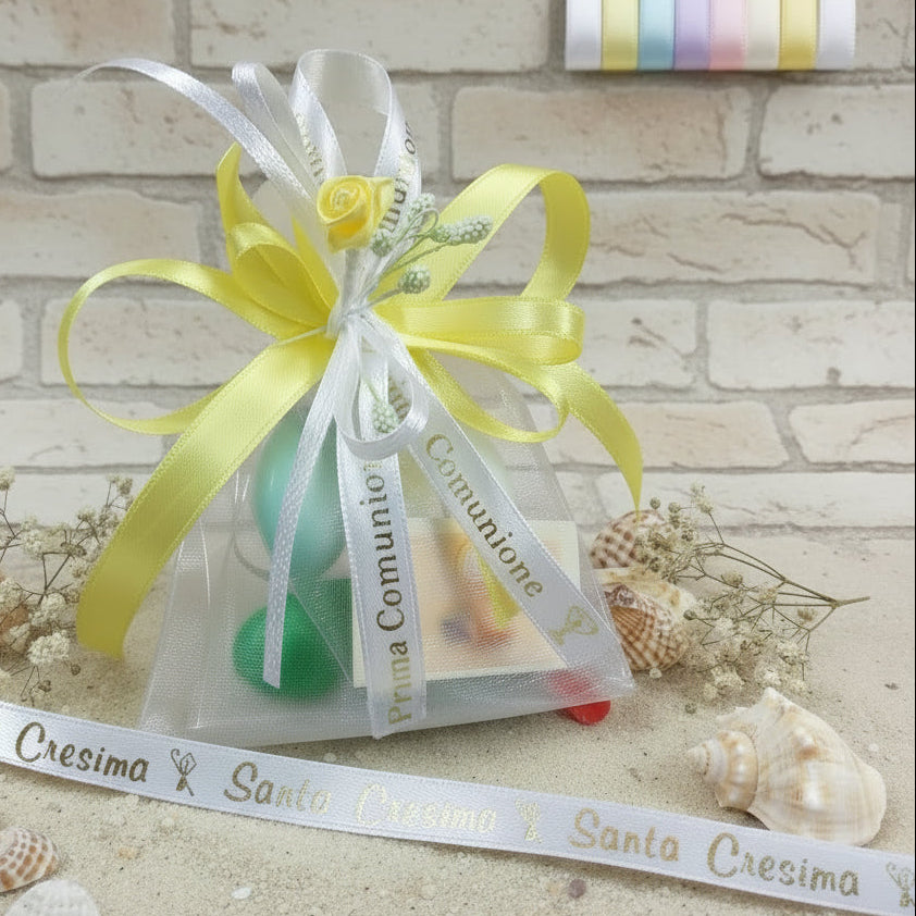 sacchetto Comunione Cresima con scritta dorata simboli Calice Mitria Croce confezionato confetti Italian e fiori bomboniere oppure altri colori kit fai da te