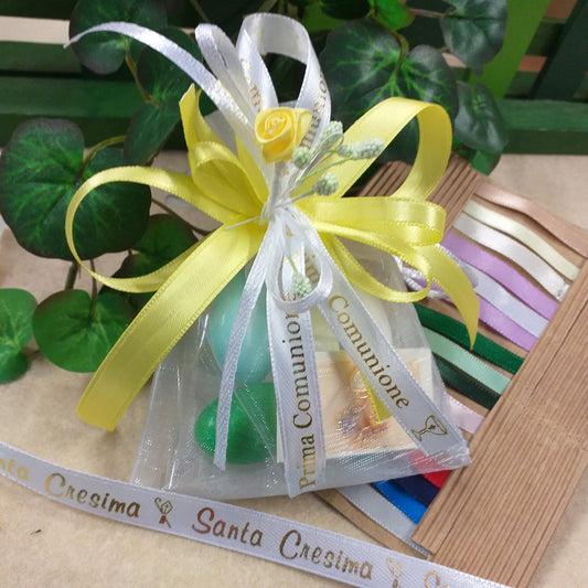 sacchetto Comunione Cresima con scritta dorata simboli Calice Mitria Croce confezionato confetti Italian e fiori bomboniere oppure altri colori kit fai da te