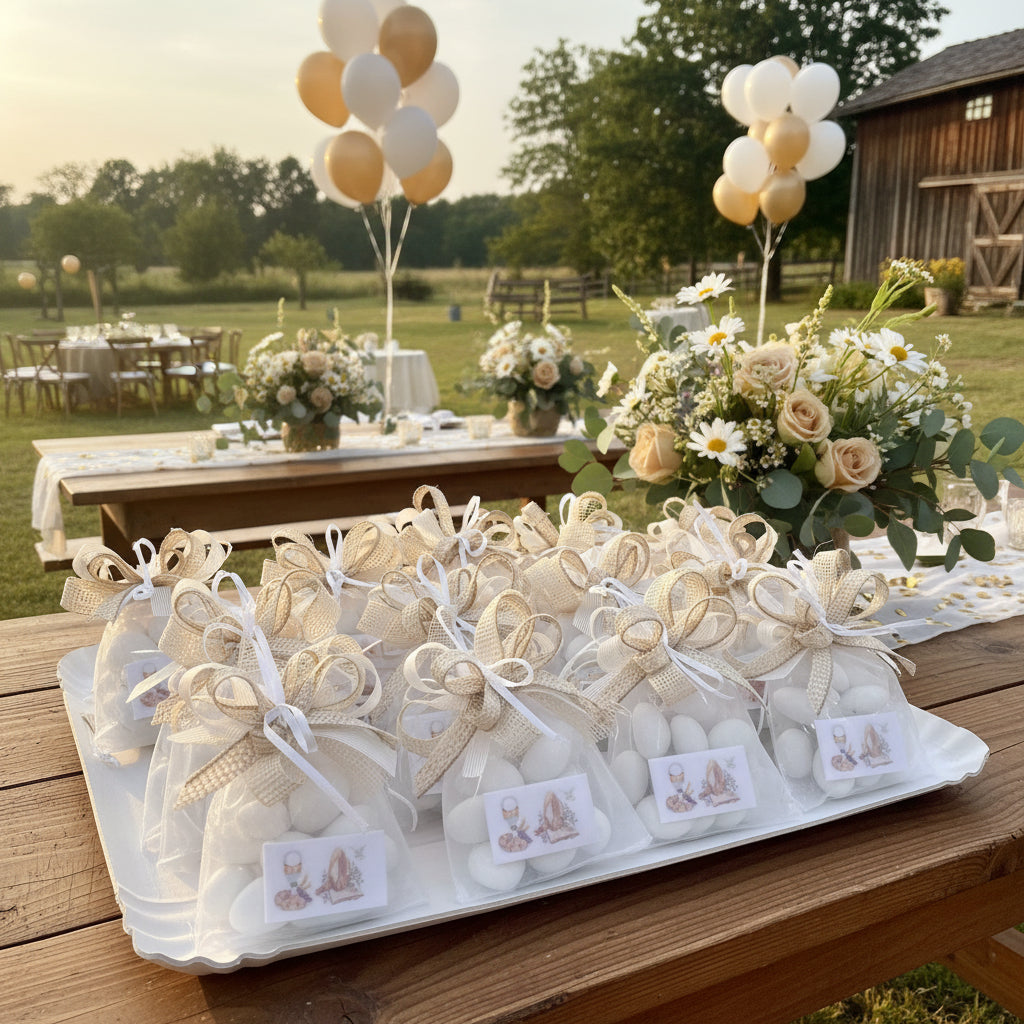 sacchetti di confetti confezionati con bigliettino Comunione Cresima coccarda nastri garza lino juta allestimento festa country campagna palloncini fiori di campo