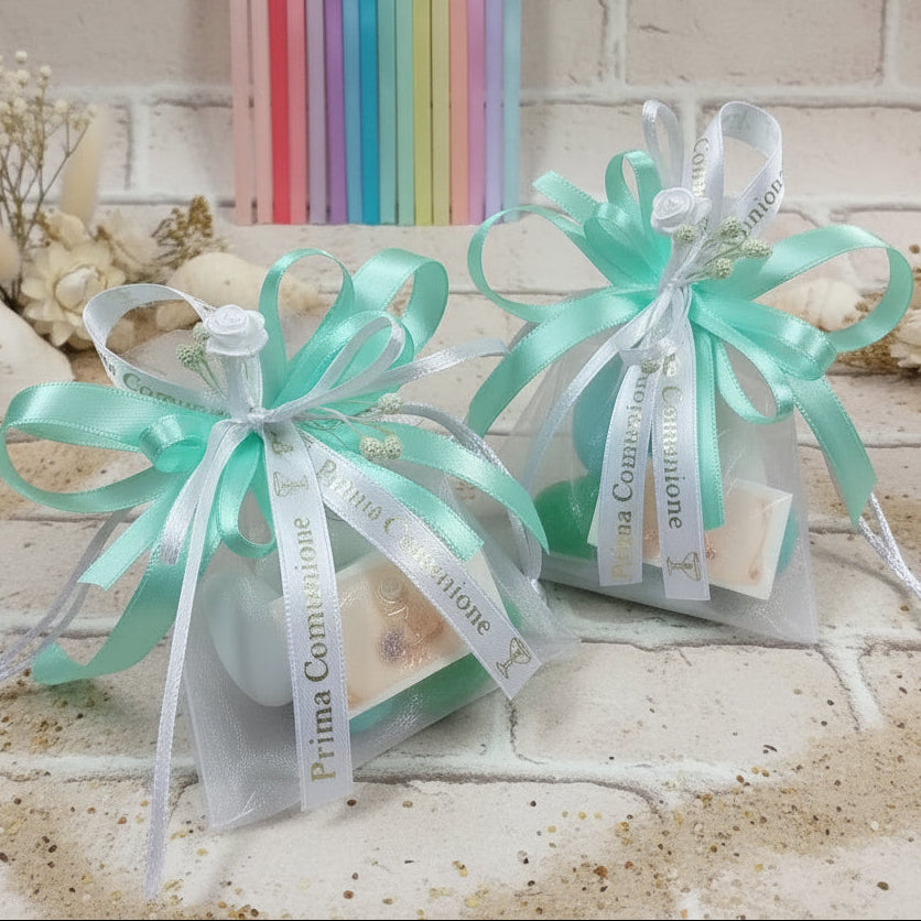 sacchetti Comunione Cresima con scritta dorata simboli Calice Mitria Croce confezionati confetti Italian colorati e fiori roselline bacche pistilli bomboniere oppure altri colori kit fai da te
