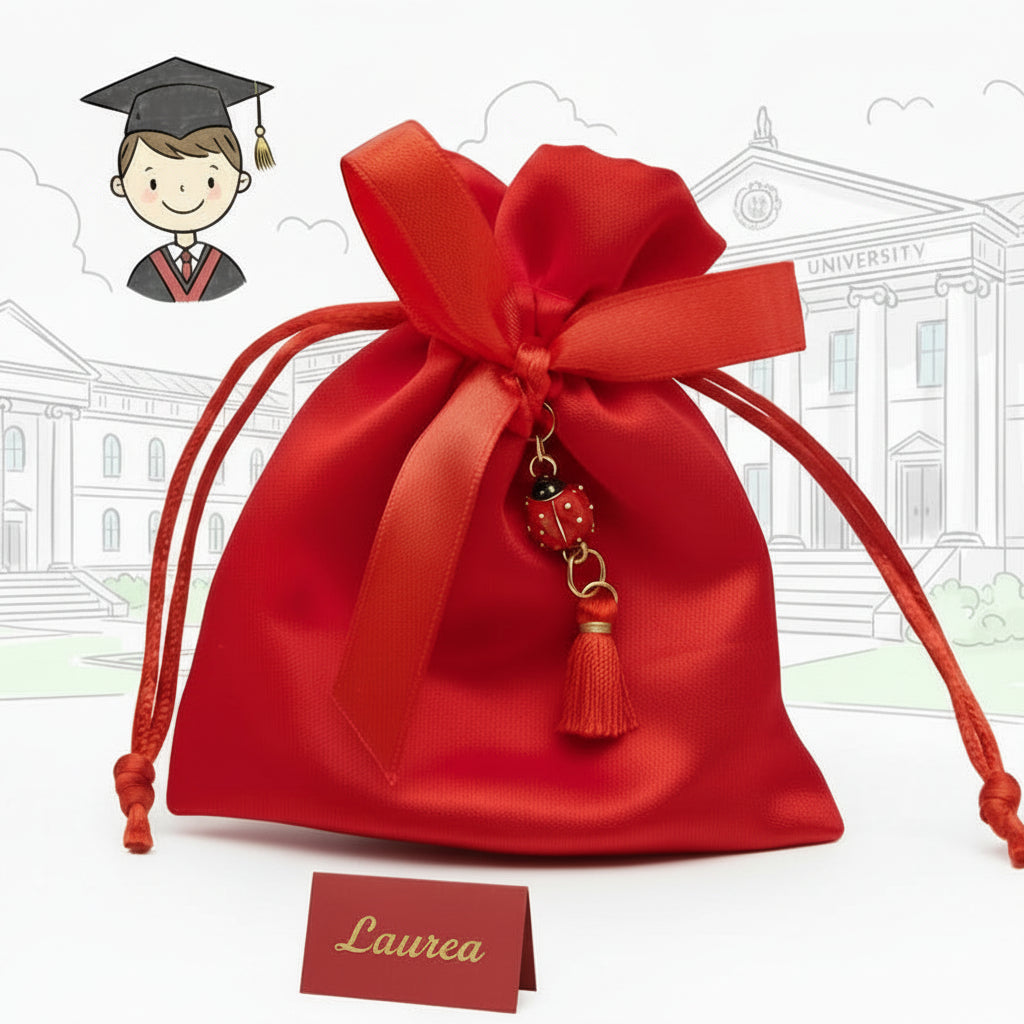 idee originali come confezionare portaconfetti laurea bomboniere sacchettino di raso rosso con ciondolo coccinella portafortuna nappina rossa,  simboli grafici vintage
