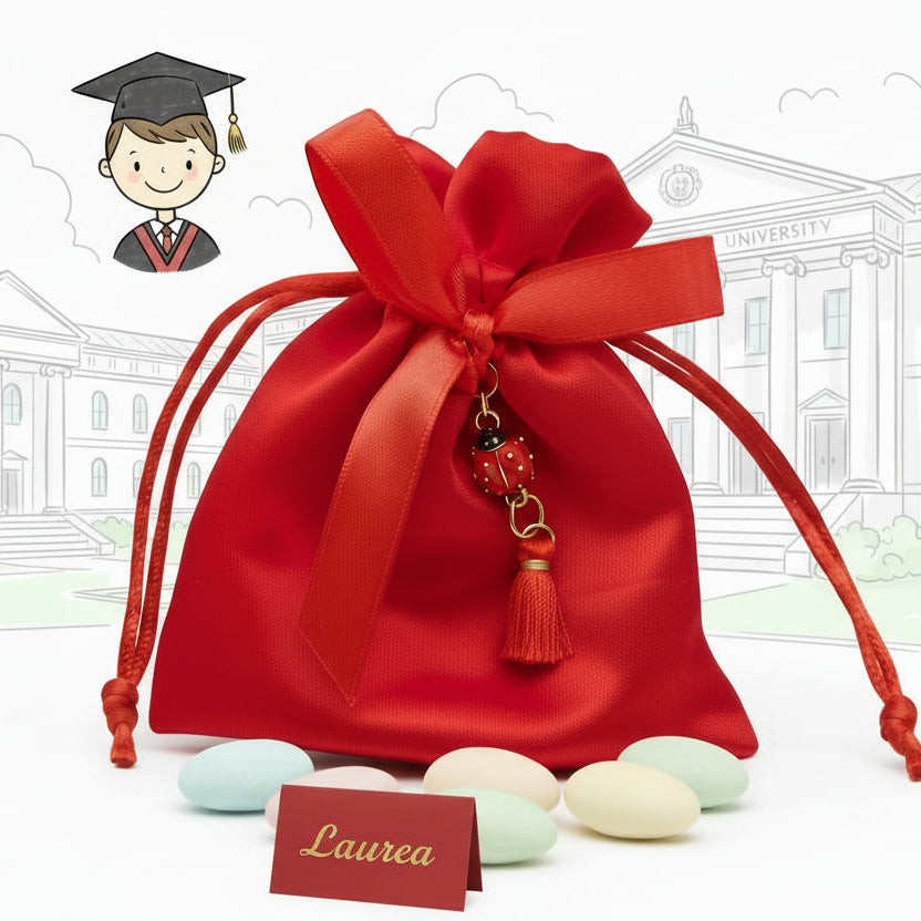 idee originali come confezionare portaconfetti laurea bomboniere sacchettino di raso rosso con ciondolo coccinella portafortuna nappina rossa,  simboli grafici vintage