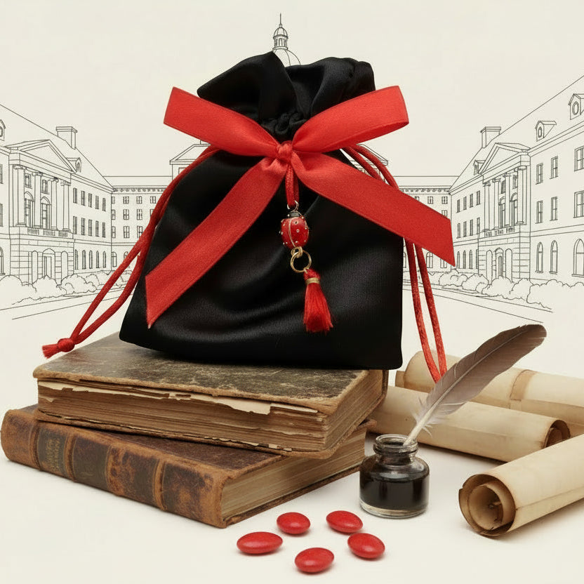 idee originali come confezionare portaconfetti laurea bomboniere sacchettino di raso nero con ciondolo coccinella portafortuna nappina rossa,  simboli grafici vintage libri antichi penna calamaio pergamena
