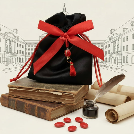 idee originali come confezionare portaconfetti laurea bomboniere sacchettino di raso nero con ciondolo coccinella portafortuna nappina rossa,  simboli grafici vintage libri antichi penna calamaio pergamena