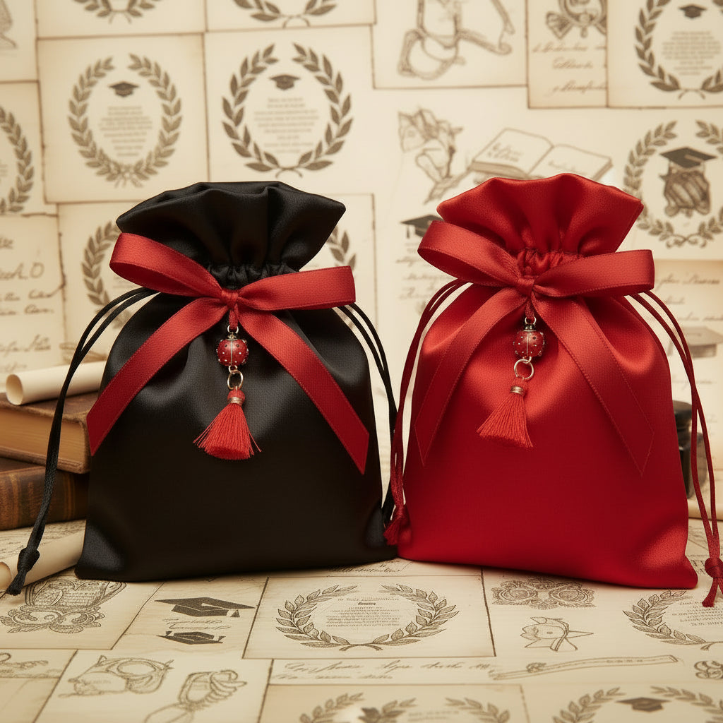 idee originali come confezionare portaconfetti laurea bomboniere sacchettino di raso rosso nero con ciondolo coccinella portafortuna nappina rossa,  simboli grafici vintage