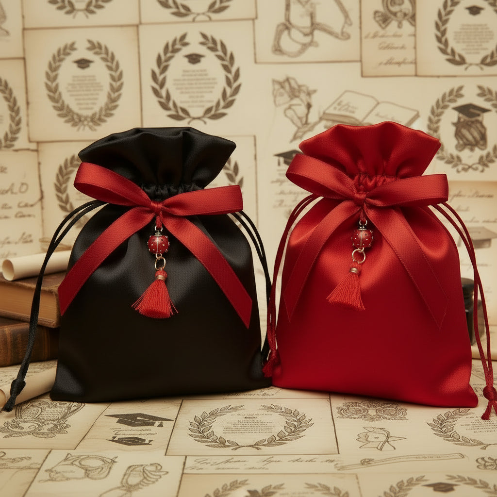 idee originali come confezionare portaconfetti laurea bomboniere sacchettino di raso rosso nero con ciondolo coccinella portafortuna nappina rossa,  simboli grafici vintage
