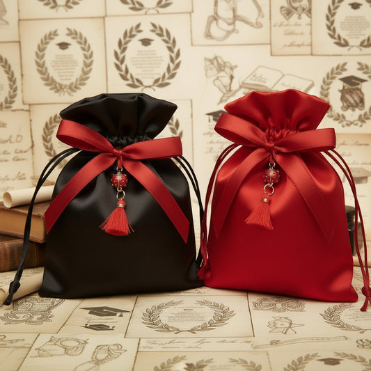 idee originali come confezionare portaconfetti laurea bomboniere sacchettino di raso rosso nero con ciondolo coccinella portafortuna nappina rossa,  simboli grafici vintage