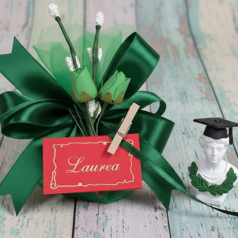 colore verde facoltà scienze educazione biologia erboristeria sacchetto confetti originali confezionato  laurea con bigliettino roselline nebbiolina bianca nastro coccarda