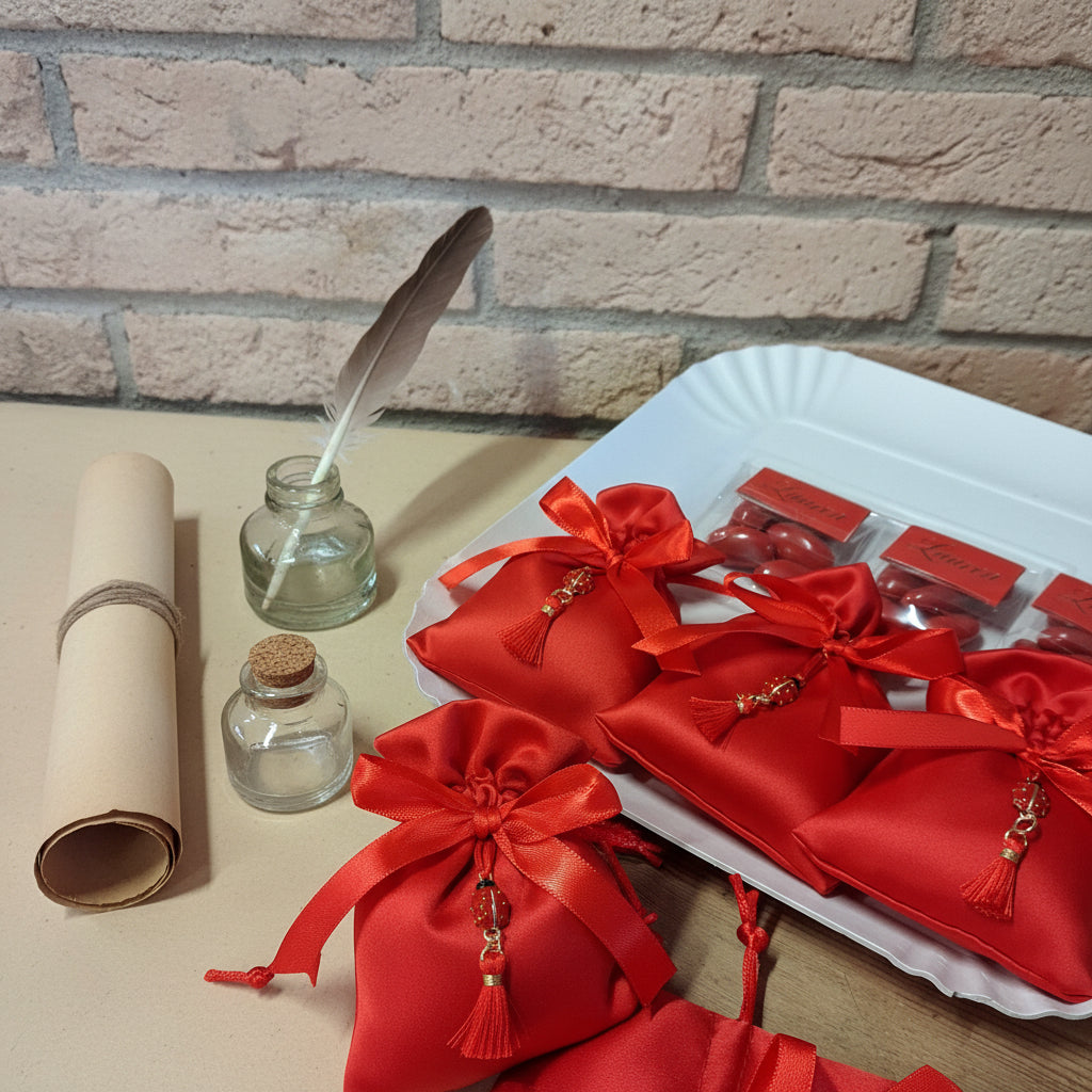 come confezioniamo il sacchettino rosso bomboniera laurea raso con fiocchetto coccinella ciondolo e nappina, confetti italiani alla mandorla e bigliettino