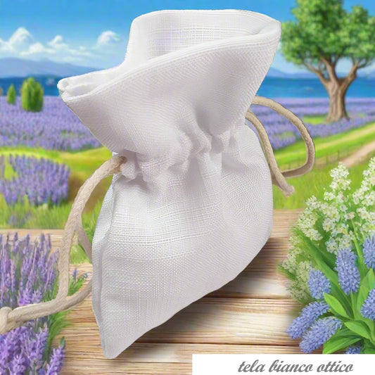 bustina economica di tela bianca per confezionare sacchetto piccolo portaconfetti bomboniera di tessuto rustico cotone uso confezionamento lavanda profumatore armadio confettata riso sposi fiori secchi profumati
