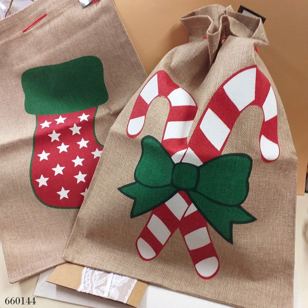 grande sacco juta stampato calza befana epifania bastoncini di zucchero per confezioni regalo natale packaging panettone enogastronomia pasticceria erboristeria