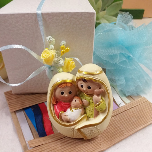 azzurro maschietto bambino statuina bomboniera Sacra famiglia moderna per Battesimo Comunione Cresima stilizzata confezionata confetti o kit fai da te