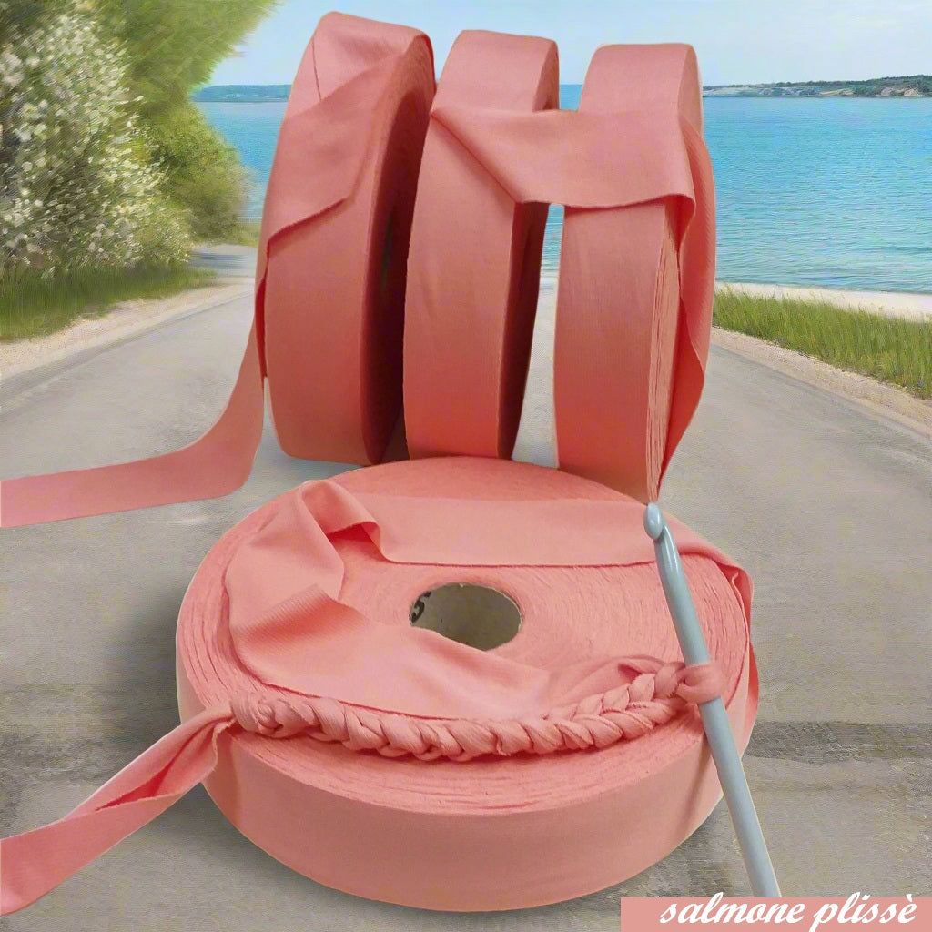 salmone chiaro plissé shop offerta vendita fettuccia stafil maglina lycra soft-elastica colori moda per pochette, alta pizza larga piatta 4 cm uso borse uncinetto clutch bags crochet amigurumi cestini mare